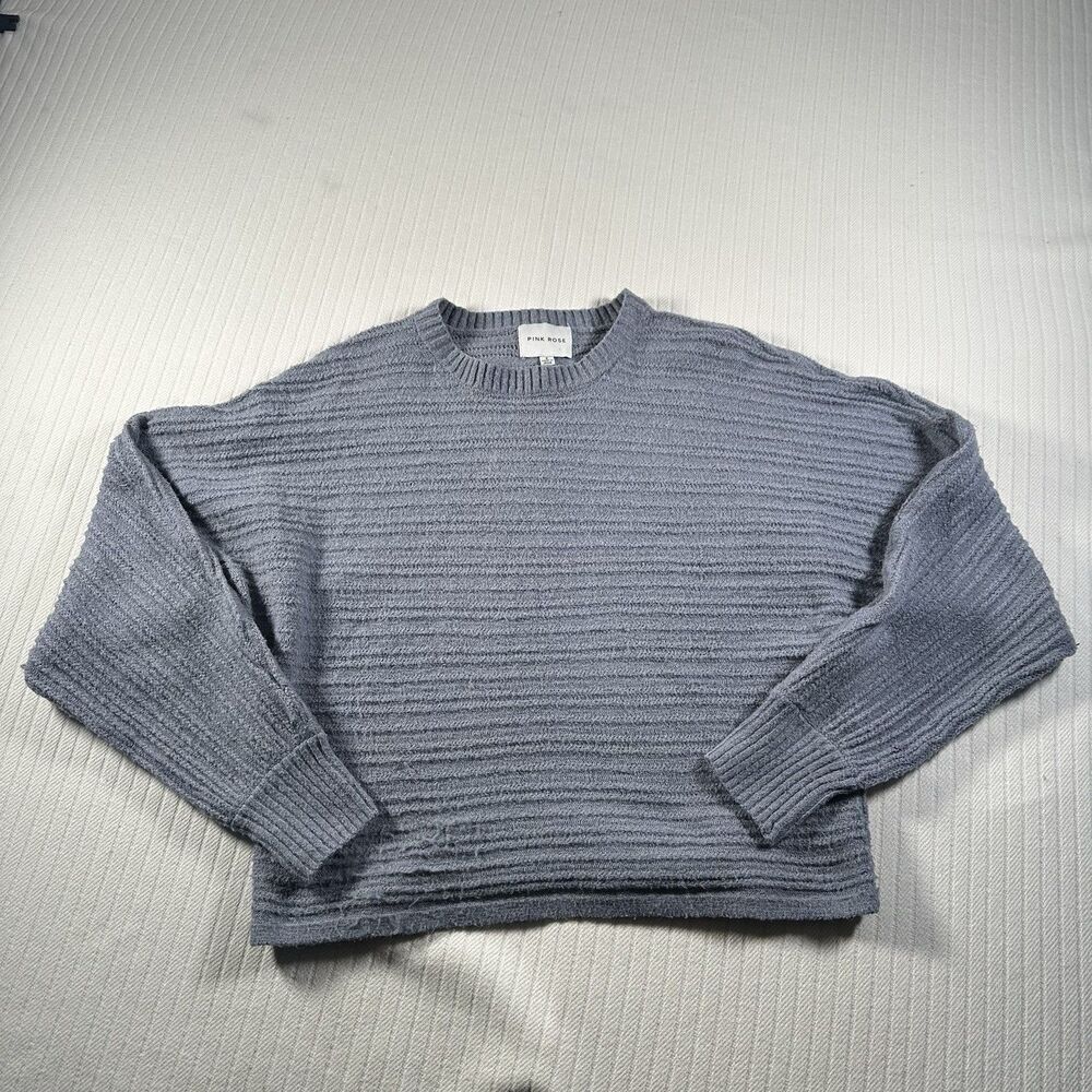 Pink Rose Womens Small Blue Ribbed Knit Sweater Cropped Cozy Pullover